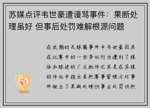 苏媒点评韦世豪遭谩骂事件：果断处理虽好 但事后处罚难解根源问题