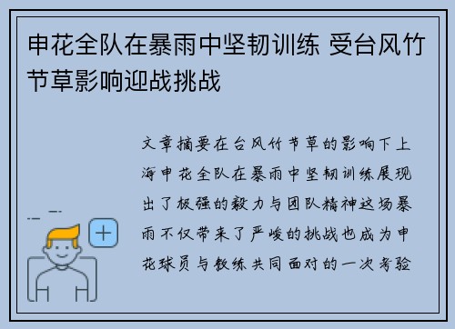申花全队在暴雨中坚韧训练 受台风竹节草影响迎战挑战