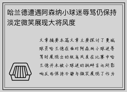 哈兰德遭遇阿森纳小球迷辱骂仍保持淡定微笑展现大将风度