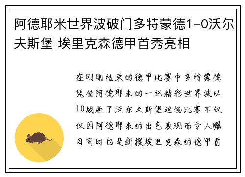 阿德耶米世界波破门多特蒙德1-0沃尔夫斯堡 埃里克森德甲首秀亮相