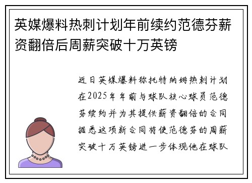 英媒爆料热刺计划年前续约范德芬薪资翻倍后周薪突破十万英镑